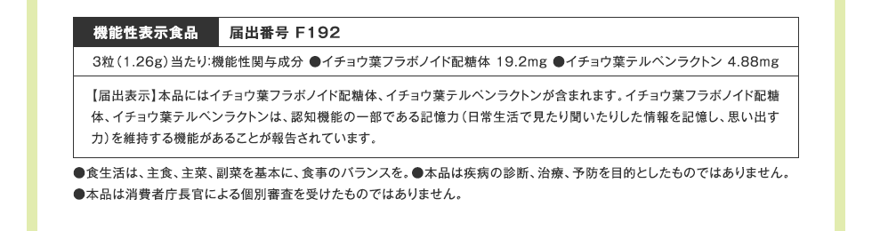 機能性表示食品　届出番号 F192　3粒（1.26g）当たり：機能性関与成分 ●イチョウ葉フラボノイド配糖体 19.2mg ●イチョウ葉テルペンラクトン 4.88mg　【届出表示】本品にはイチョウ葉フラボノイド配糖体、イチョウ葉テルペンラクトンが含まれます。イチョウ葉フラボノイド配糖体、イチョウ葉テルペンラクトンは、認知機能の一部である記憶力（日常生活で見たり聞いたりした情報を記憶し、思い出す力）を維持する機能があることが報告されています。　●食生活は、主食、主菜、副菜を基本に、食事のバランスを。●本品は疾病の診断、治療、予防を目的としたものではありません。　●本品は消費者庁長官による個別審査を受けたものではありません。