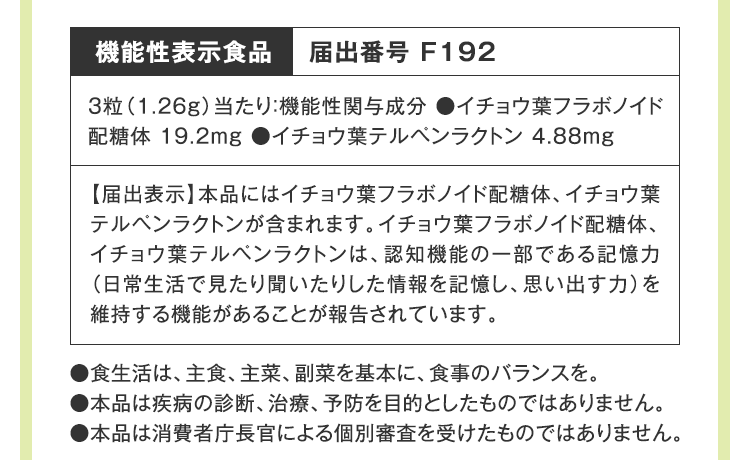 機能性表示食品　届出番号 F192　3粒（1.26g）当たり：機能性関与成分 ●イチョウ葉フラボノイド配糖体 19.2mg ●イチョウ葉テルペンラクトン 4.88mg　【届出表示】本品にはイチョウ葉フラボノイド配糖体、イチョウ葉テルペンラクトンが含まれます。イチョウ葉フラボノイド配糖体、イチョウ葉テルペンラクトンは、認知機能の一部である記憶力（日常生活で見たり聞いたりした情報を記憶し、思い出す力）を維持する機能があることが報告されています。　●食生活は、主食、主菜、副菜を基本に、食事のバランスを。●本品は疾病の診断、治療、予防を目的としたものではありません。　●本品は消費者庁長官による個別審査を受けたものではありません。