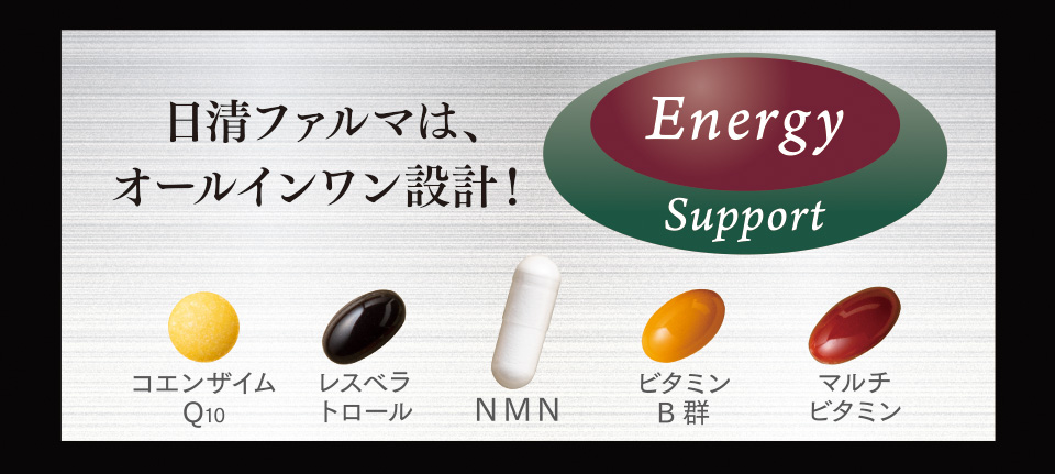 日清ファルマは、オールインワン設計！　Energy　Support　コエンザイムQ10　レスベラトロール　NMN　ビタミンB群　マルチビタミン