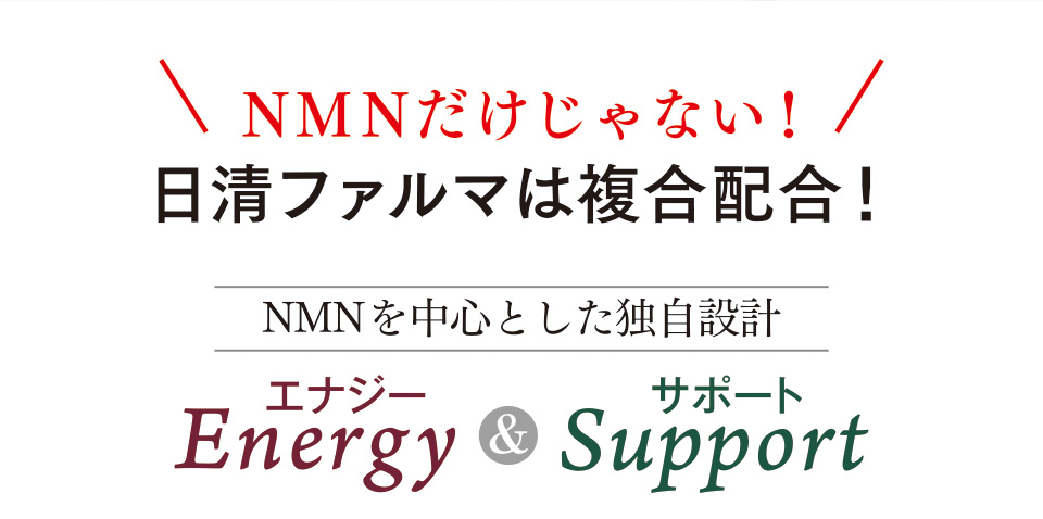 NMNだけじゃない！日清ファルマは複合配合！ NMNを中心とした独自設計　Energy（エナジー）＆Support（サポート）