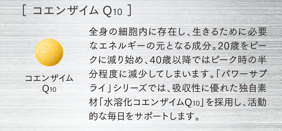 ［ コエンザイムQ10 ］全身の細胞内に存在し、生きるために必要なエネルギーの元となる成分。20歳をピークに減り始め、40歳以降ではピーク時の半分程度に減少してしまいます。「パワーサプライ」シリーズでは、吸収性に優れた独自素材「水溶化コエンザイムQ10」を採用し、活動的な毎日をサポートします。
