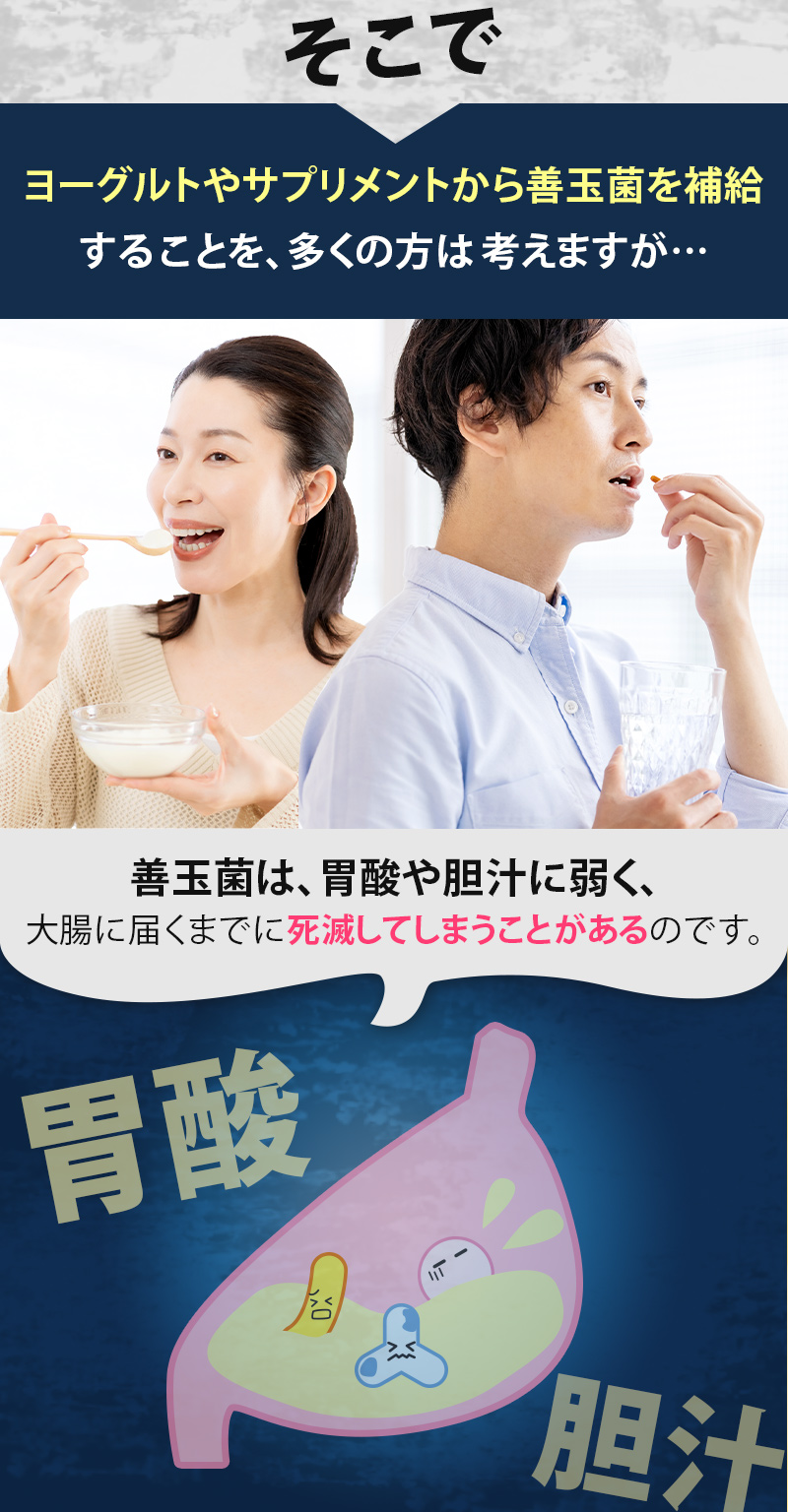 そこでローグルトやサプリメントから善玉菌を補給することを、多くの方は考えますが…善玉菌は胃酸や胆汁に弱く、大腸に届くまでに死滅してしまうことがあるのです。