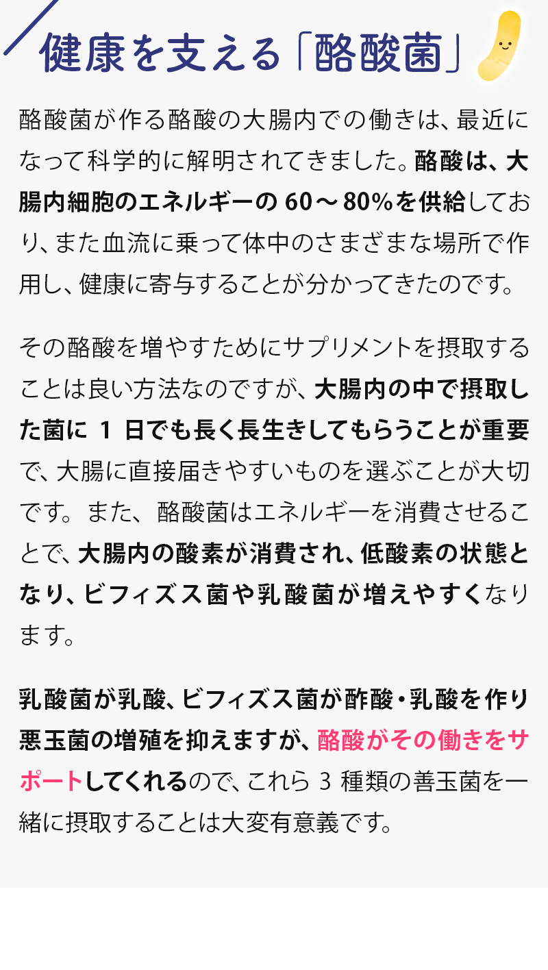 酪酸は、大腸内細胞のエネルギーの60～80％を供給しており、また血流に乗って体中のさまざまな場所で作用し、健康に寄与することが分かってきたのです。