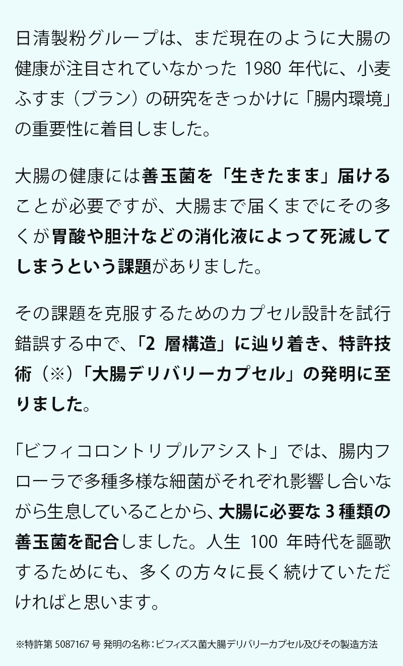 日清製粉グループは、まだ現在のように大腸の健康が注目されていなかった1980年代に、小麦ふすま（ブラン）の研究をきっかけに「腸内環境」の重要性に着目しました。