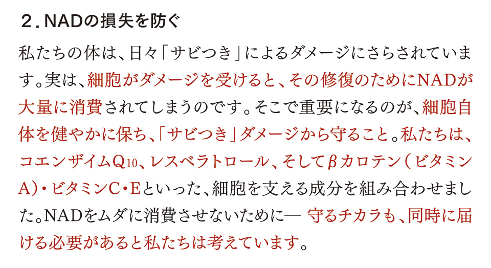 ２．NADの損失を防ぐ 私たちの体は、日々「サビつき」によるダメージにさらされています。実は、細胞がダメージを受けると、その修復のためにNADが大量に消費されてしまうのです。そこで重要になるのが、細胞自体を健やかに保ち、「サビつき」ダメージから守ること。私たちは、コエンザイムQ10、レスベラトロール、そしてβカロテン（ビタミンA）・ビタミンC・Eといった、細胞を支える成分を組み合わせました。NADをムダに消費させないために― 守るチカラも、同時に届ける必要があると私たちは考えています。