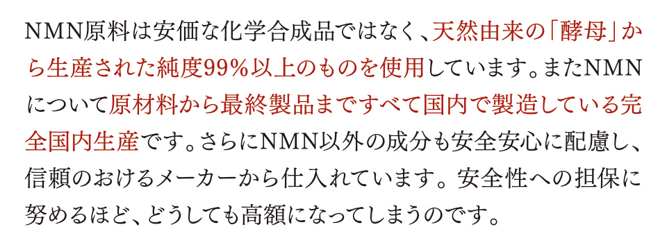 NMN原料は安価な化学合成品ではなく、天然由来の「酵母」から生産された純度99％以上のものを使用しています。またNMNについて原材料から最終製品まですべて国内で製造している完全国内生産です。さらにNMN以外の成分も安全安心に配慮し、信頼のおけるメーカーから仕入れています。 安全性への担保に努めるほど、どうしても高額になってしまうのです。