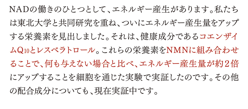 NADの働きのひとつとして、エネルギー産生があります。私たちは東北大学と共同研究を重ね、ついにエネルギー産生量をアップする栄養素を見出しました。それは、健康成分であるコエンザイムQ10とレスベラトロール。これらの栄養素をNMNに組み合わせることで、何も与えない場合と比べ、エネルギー産生量が約２倍にアップすることを細胞を通じた実験で実証したのです。その他の配合成分についても、現在実証中です。
