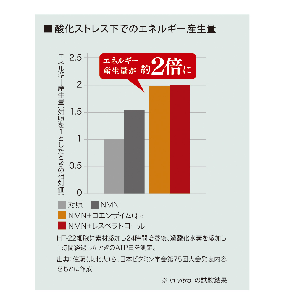 ■ 酸化ストレス下でのエネルギー産生量 エネルギー産生量が約2倍に 対照 NMN NMN＋コエンザイムQ10 NMN＋レスベラトロール HT-22細胞に素材添加し24時間培養後、過酸化水素を添加し1時間経過したときのATP量を測定。 出典：佐藤（東北大）ら、日本ビタミン学会第75回大会発表内容をもとに作成 ※in vitroの試験結果