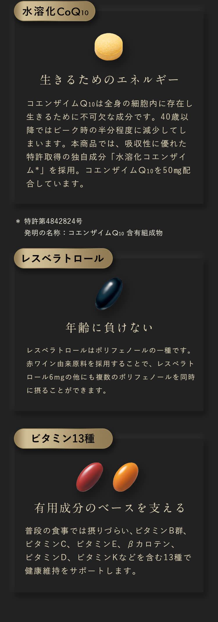 【水溶化CoQ10】生きるためのエネルギー・【レスベラトロール】年齢に負けない・【ビタミン13種】有用成分のベースを支える