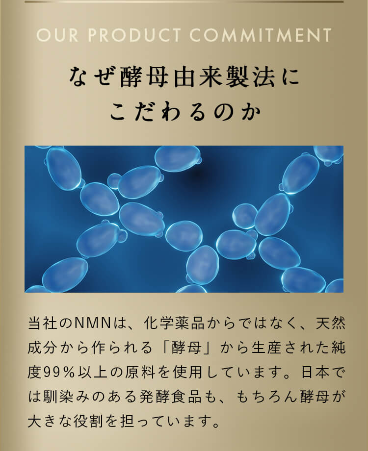 当社のNMNは、化学薬品からではなく、天然成分から作られる「酵母」から生産された純度99％以上の原料を使用しています。日本では馴染みのある発酵食品も、もちろん酵母が大きな役割を担っています。