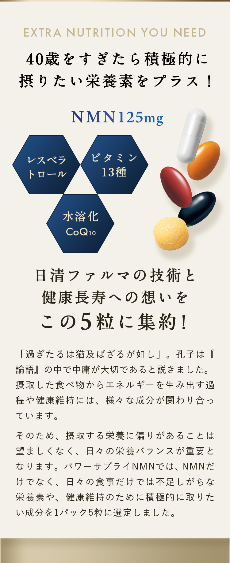 40歳をすぎたら積極的に摂りたい栄養素をプラス！ NMN125mg 日清ファルマの技術と健康長寿への想いをこの5粒に集約！