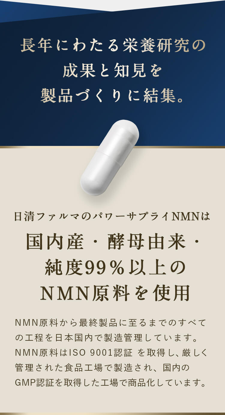 日清ファルマのパワーサプライNMNは国内産・酵母由来・純度99％以上のNMN原料を使用