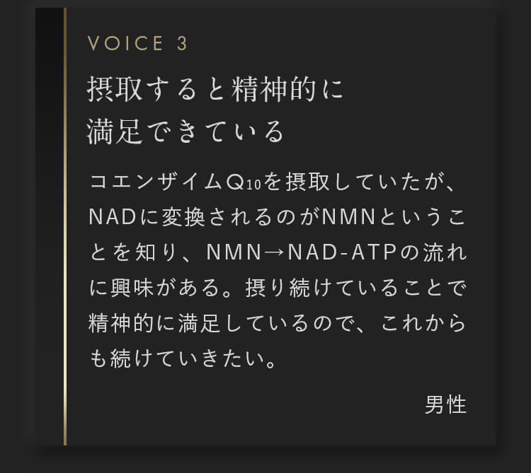 コエンザイムQ10を摂取していたが、NADに変換されるのがNMNということを知り、NMN→NAD-ATPの流れに興味がある。摂り続けていることで精神的に満足しているので、これからも続けていきたい。