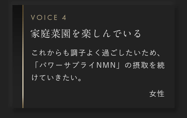 これからも調子よく過ごしたいため、「パワーサプライNMN」の摂取を続けていきたい。